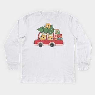 Cute kawaii ginger orange kitten cat on Christmas car cartoon Kids Long Sleeve T-Shirt